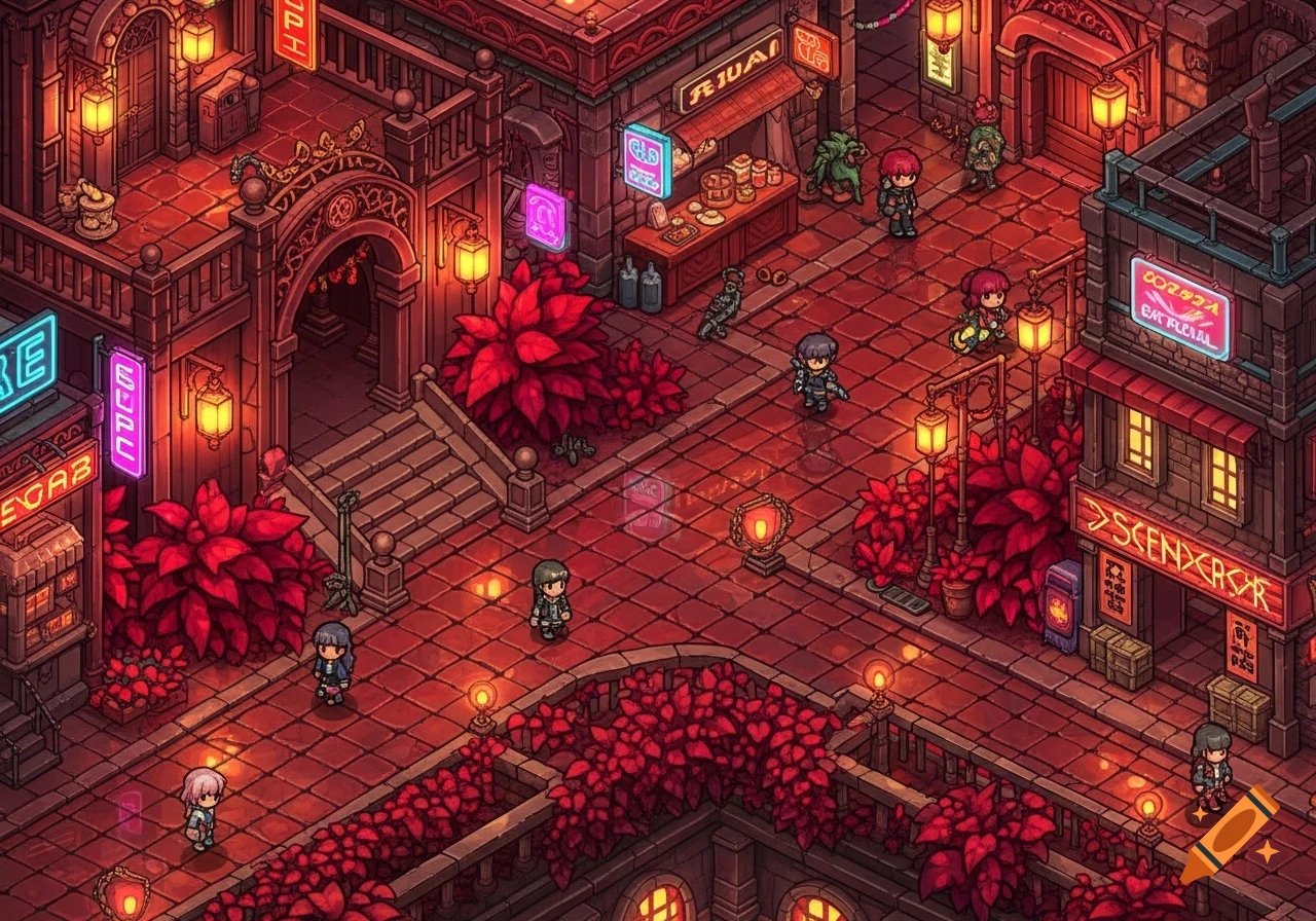 Isometric pixel art RPG map scene with characters, red foliage, neon signs, and detailed buildings under a warm red glow.