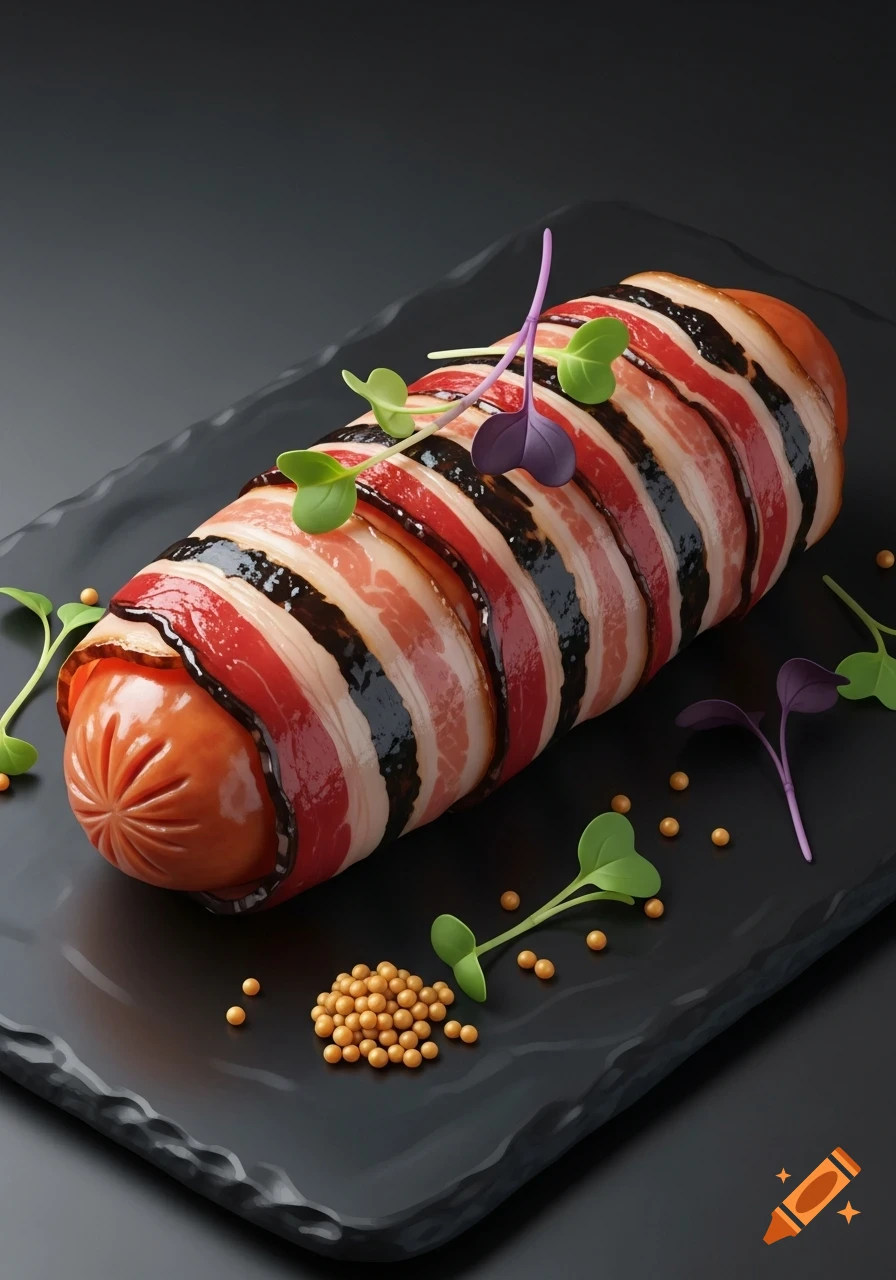 Photorealistic sausage wrapped in bacon with microgreens and mustard seeds on a black slate.