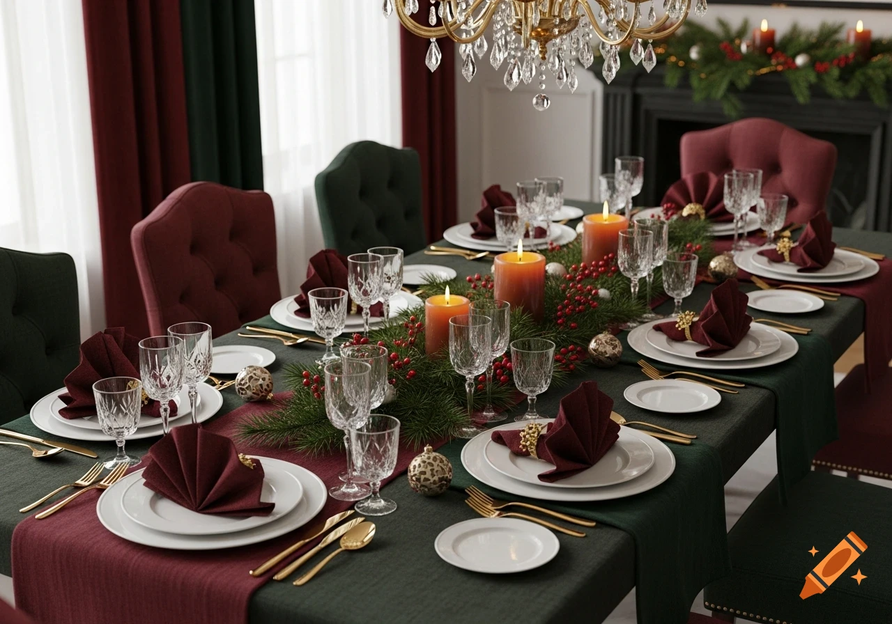Photorealistic image of a festive Christmas dining table set with red and green decor, candles, and elegant tableware.