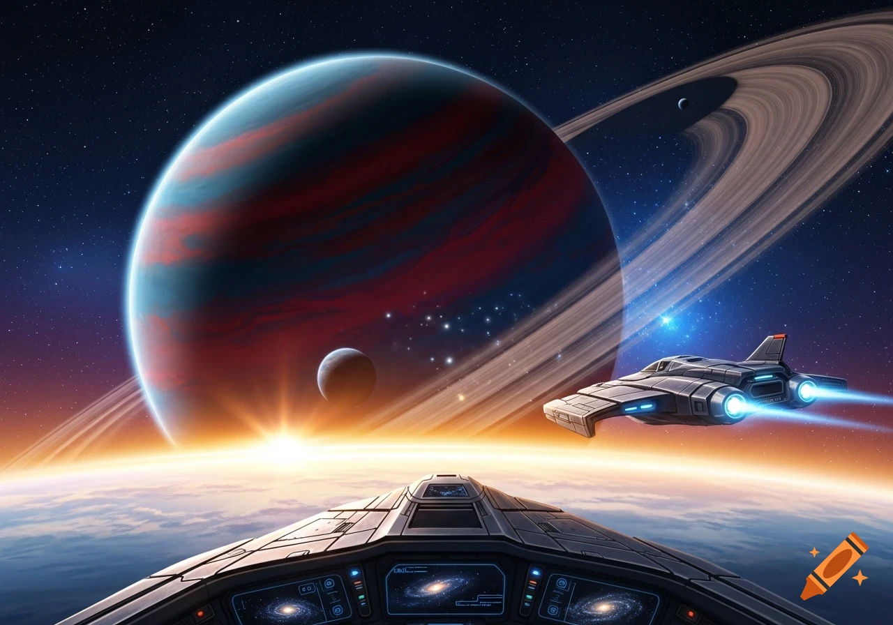 A futuristic spaceship cockpit view of a large ringed planet with a sun rising behind it, another spaceship flying nearby in a star-filled sky.
