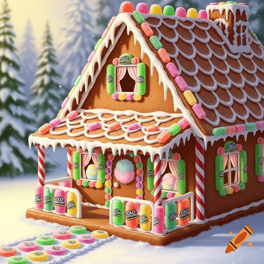 A festive gingerbread house decorated with colorful candies and white icing, set against a soft, snowy winter background with pine trees.