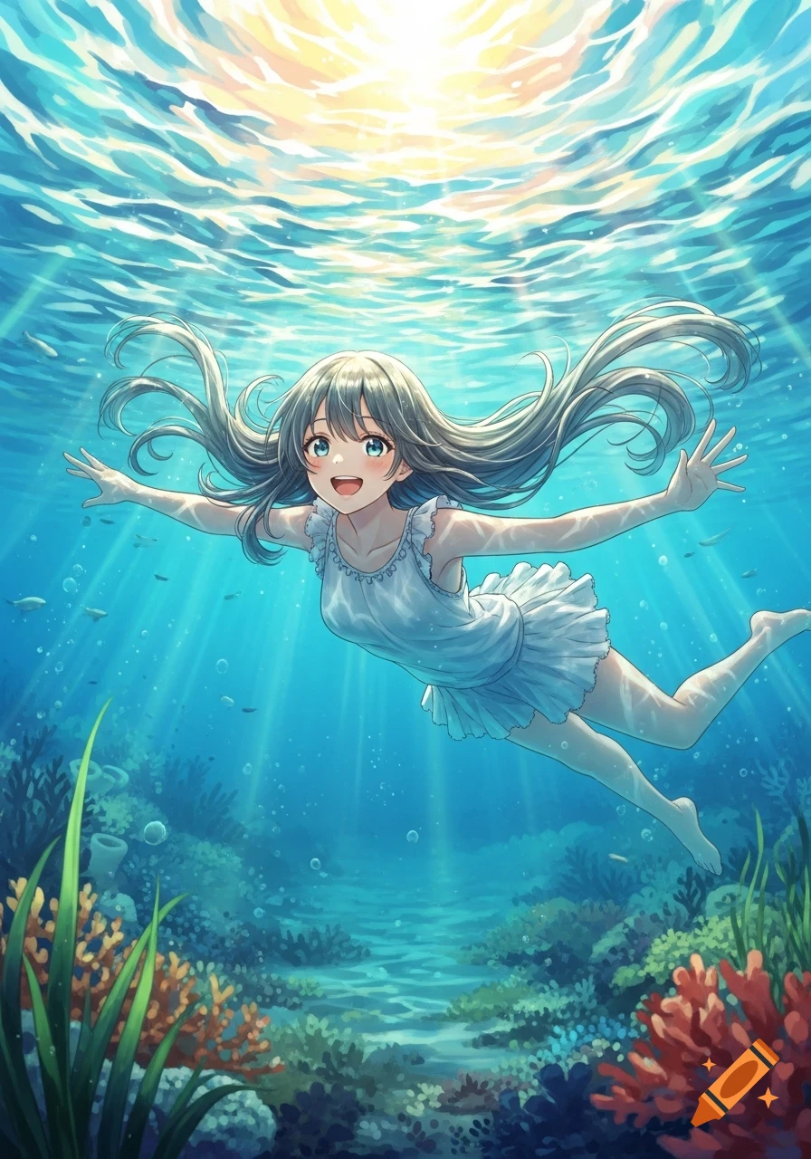 Anime girl with long hair, wearing a white dress, happily swimming underwater towards sunlight, above a vibrant coral reef.