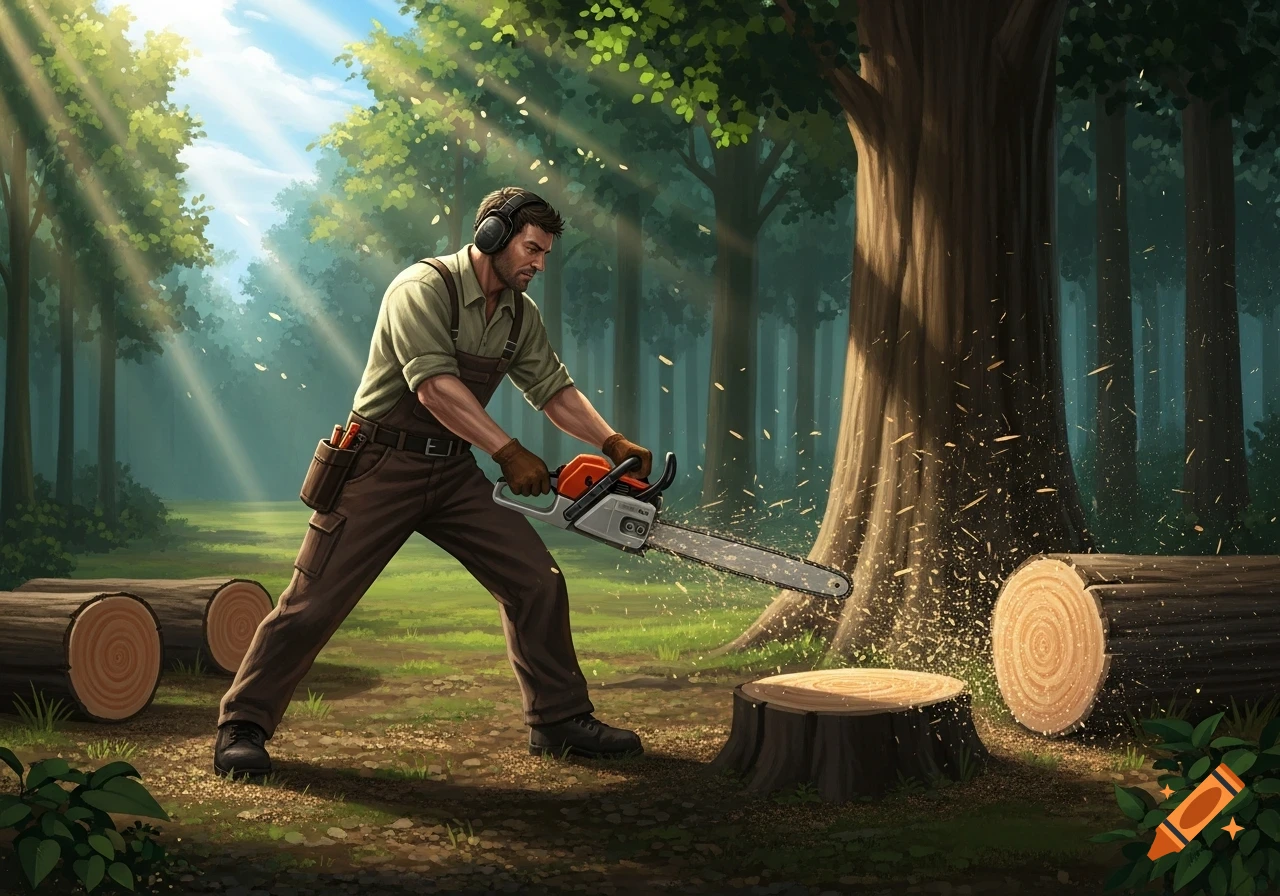 A man in a forest cuts a tree stump with a chainsaw, with logs on the ground, in a digital art style.