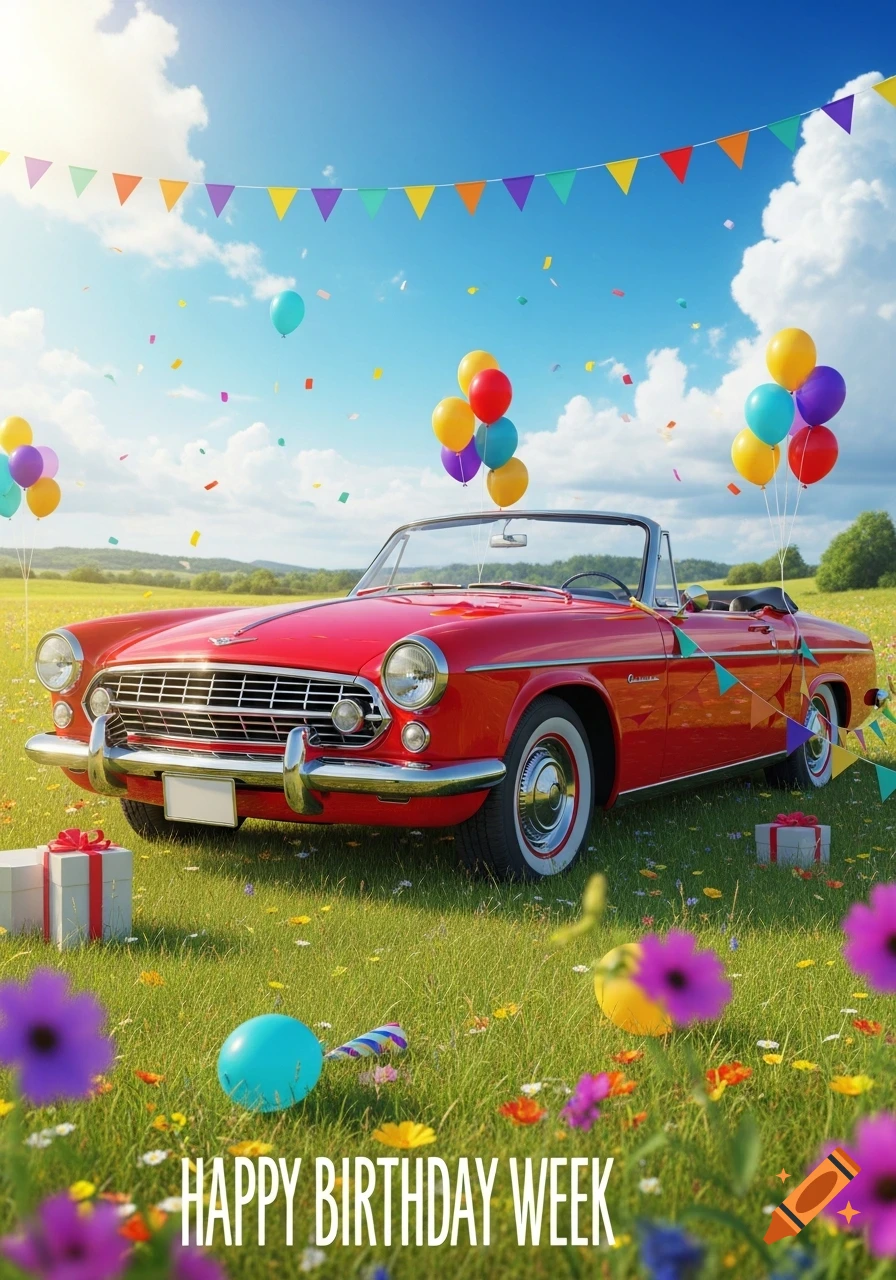 A red vintage convertible car with balloons and banners in a sunny grassy field, celebrating a birthday, with 'HAPPY BIRTHDAY WEEK' text.