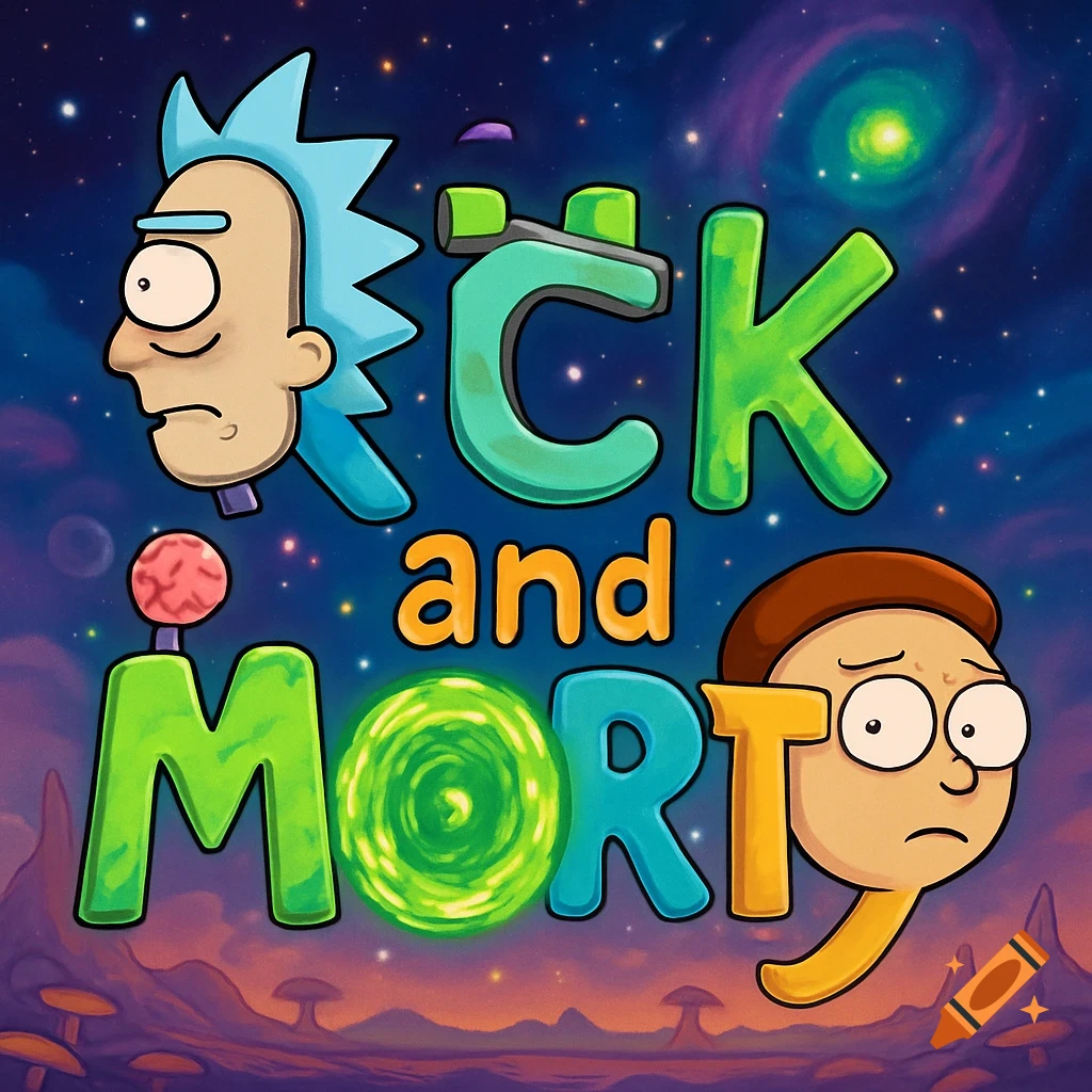 Rick and Morty logo formed by characters and show elements against a cosmic background.