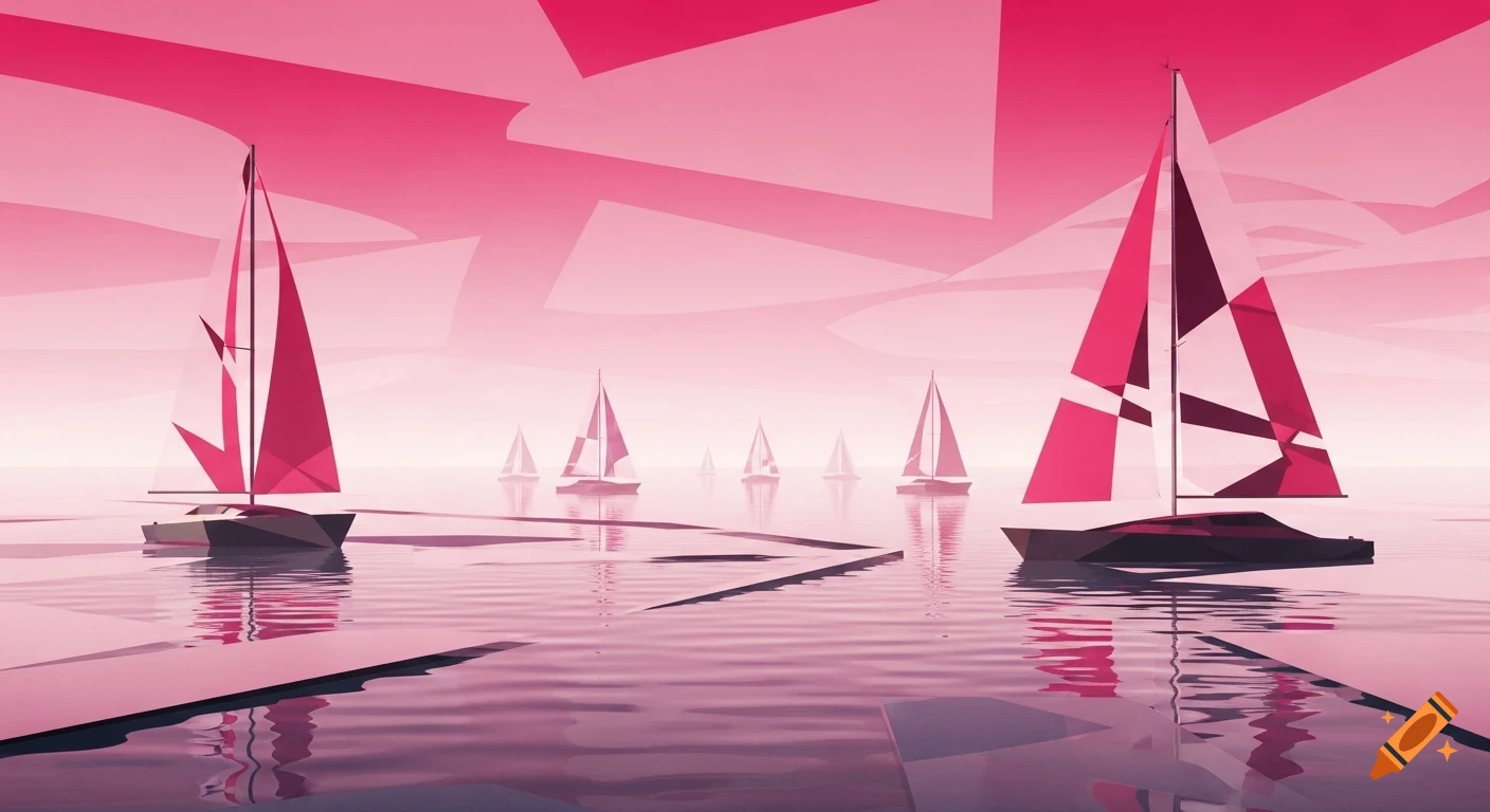 Abstract cubist seascape with multiple sailboats on calm pink water under a pink geometric sky.