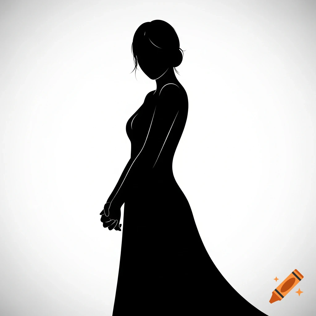 A black silhouette of a woman in a flowing dress, her hands clasped in front, on a white background.