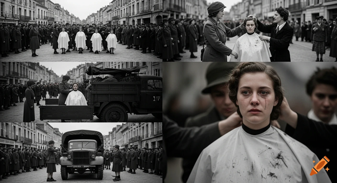 Black and white multi-panel image depicting women having their heads shaved publicly in a post-WWII town, showing emotional close-ups and military trucks.