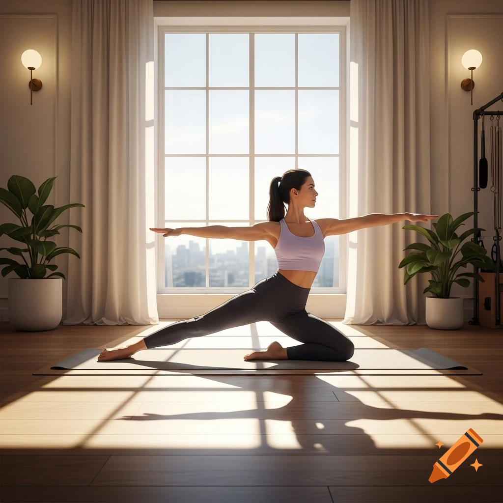 A woman in athletic wear performs a yoga pose in a sunlit room with a large window overlooking a city.