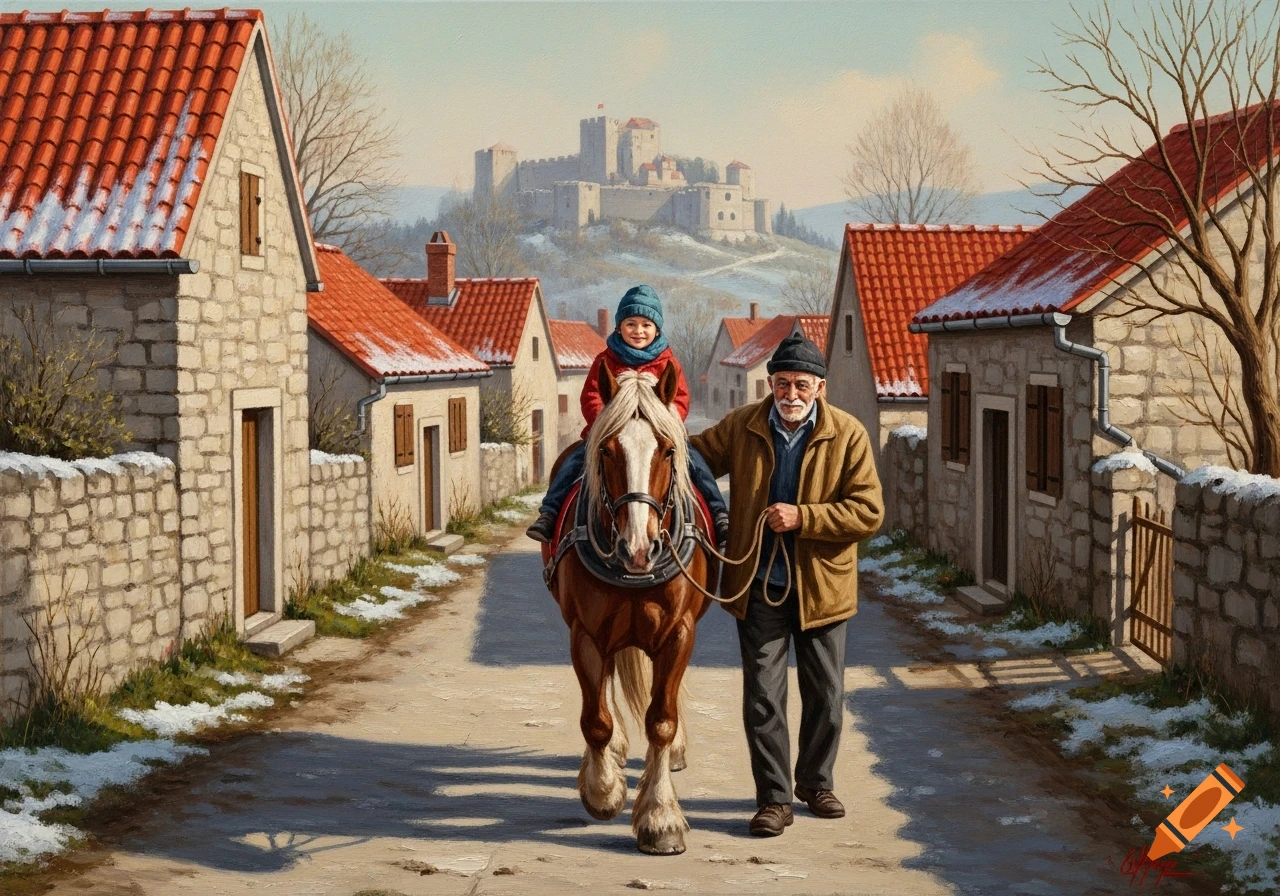 An oil painting of an elderly man leading a horse with a child on its back through a snowy village toward a distant castle.