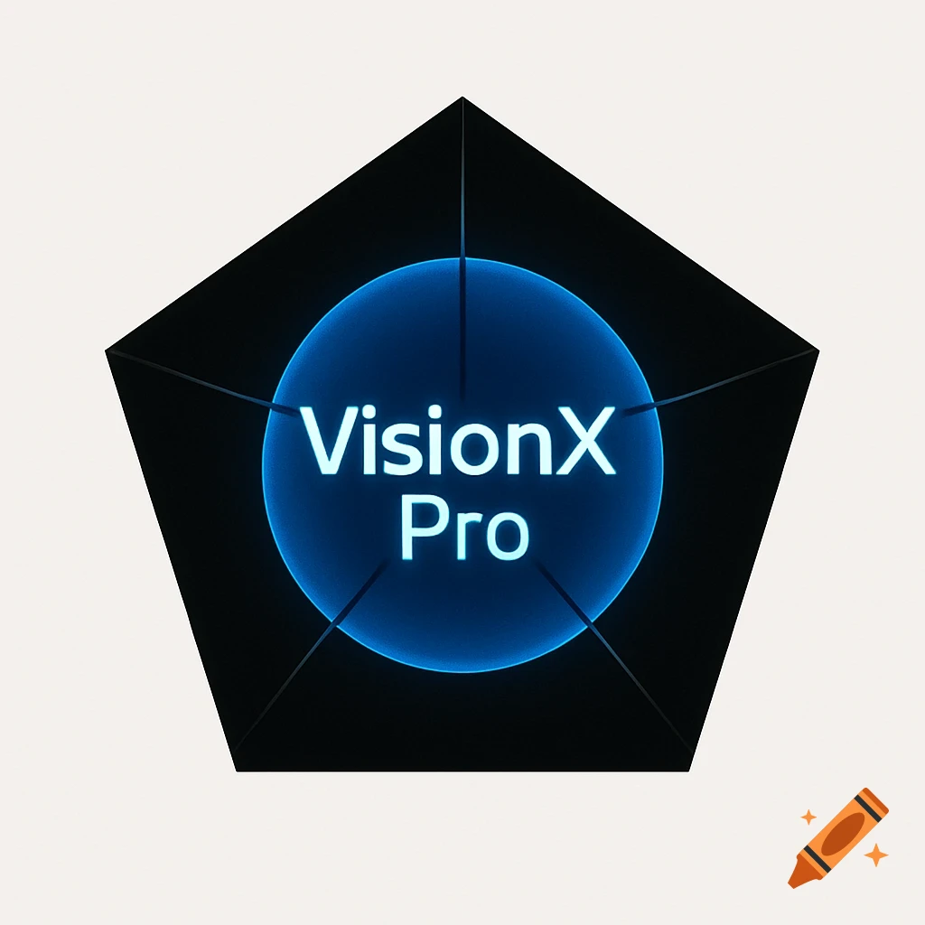 A black pentagon logo with a glowing blue circle containing the text 'VisionX Pro' and dividing lines.