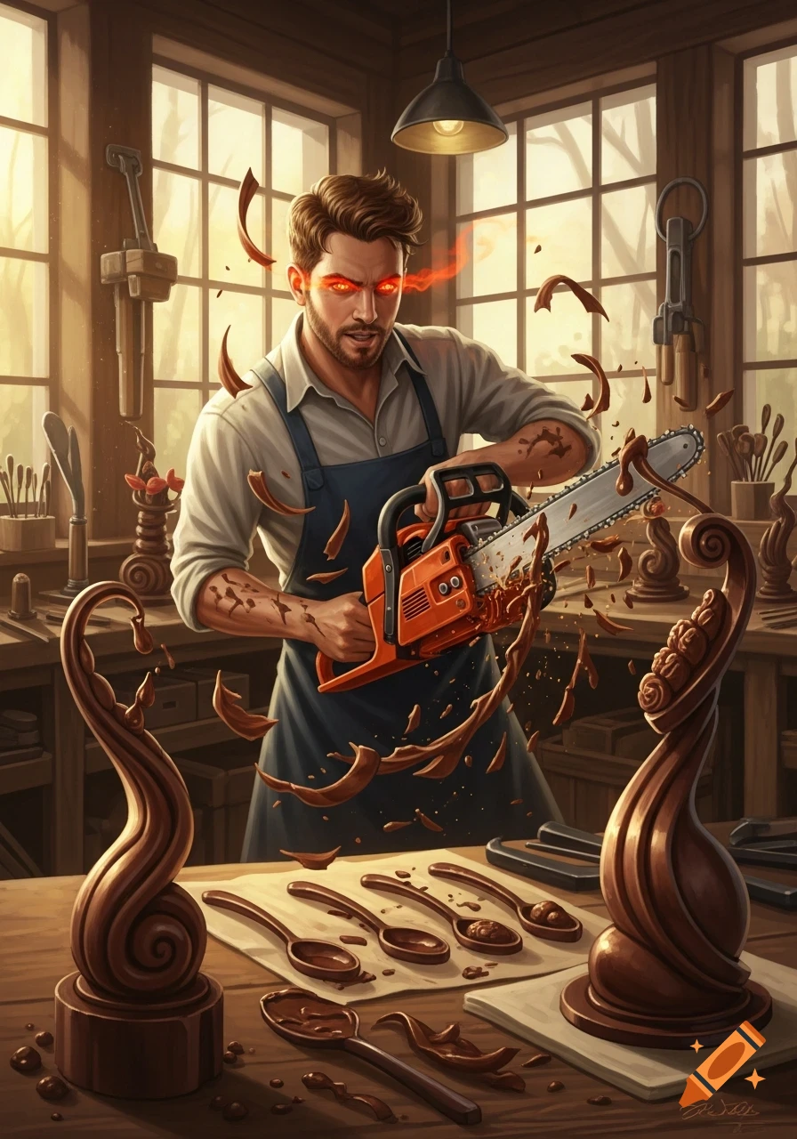 A man with glowing red eyes uses a chainsaw to carve elaborate chocolate sculptures and spoons in a sunlit workshop.
