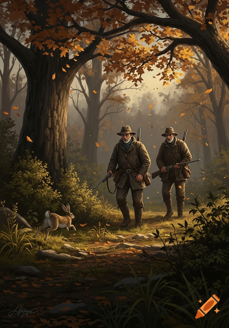 An illustration of two hunters in a rustic autumn forest, wearing hats and carrying rifles, as a rabbit runs away in the foreground.