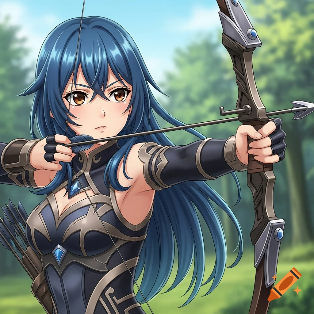 Anime woman with blue hair drawing a bow, wearing fantasy armor, with a focused expression in a forest setting.