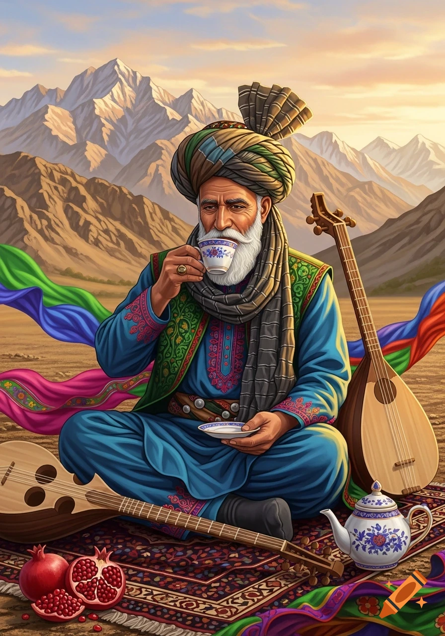 An old man in traditional blue clothing and a turban sits on a patterned rug, drinking tea in a mountainous desert. Two stringed instruments, pomegranates, and a teapot are nearby in an illustrated style.