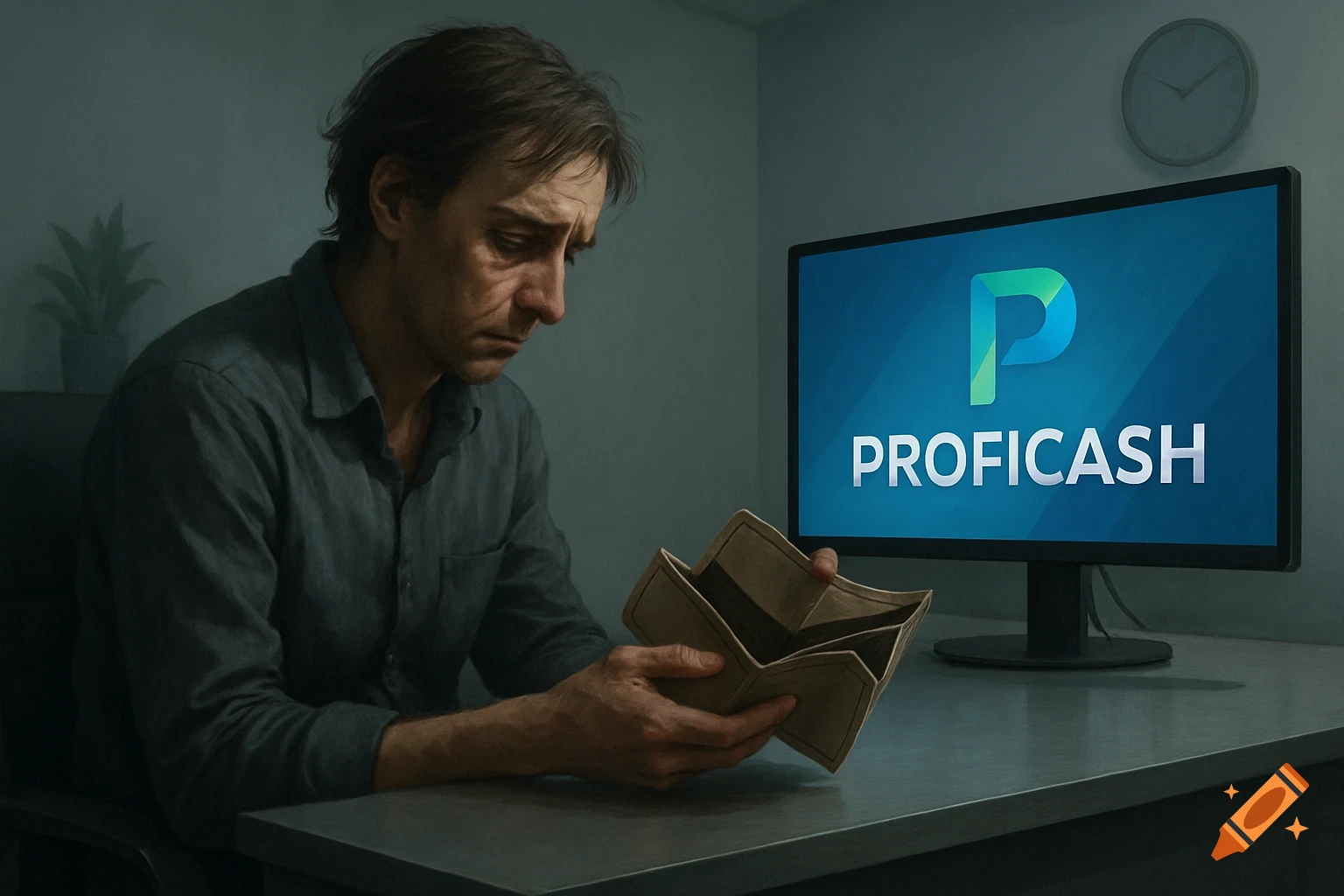 A sad man looking into his empty wallet while sitting at a desk with a monitor displaying 'PROFICASH' in an office setting.