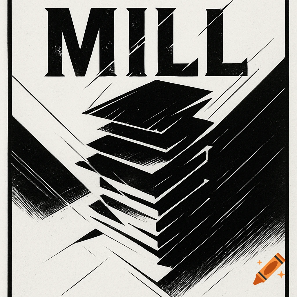 Black and white abstract graphic with the word "MILL" above stacked, fragmented geometric shapes.