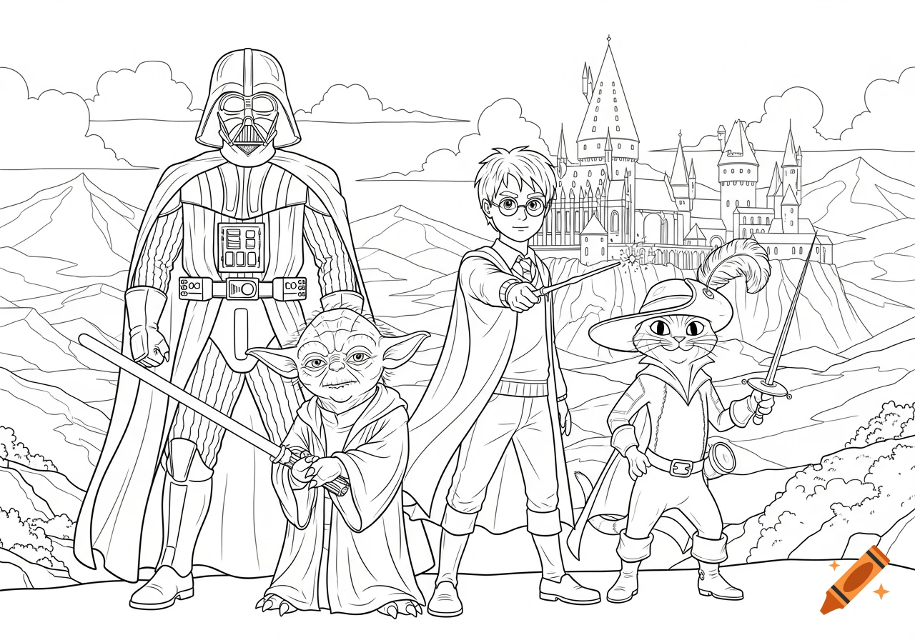 Line art coloring page featuring Darth Vader, Yoda, Harry Potter, and Puss in Boots standing in a fantasy landscape with a castle.