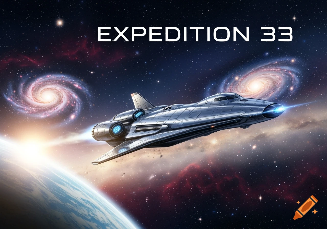 A sleek silver spaceship with blue glowing engines flies through space past a planet, with two spiral galaxies and stars in the dark cosmic background. "EXPEDITION 33" text is at the top.