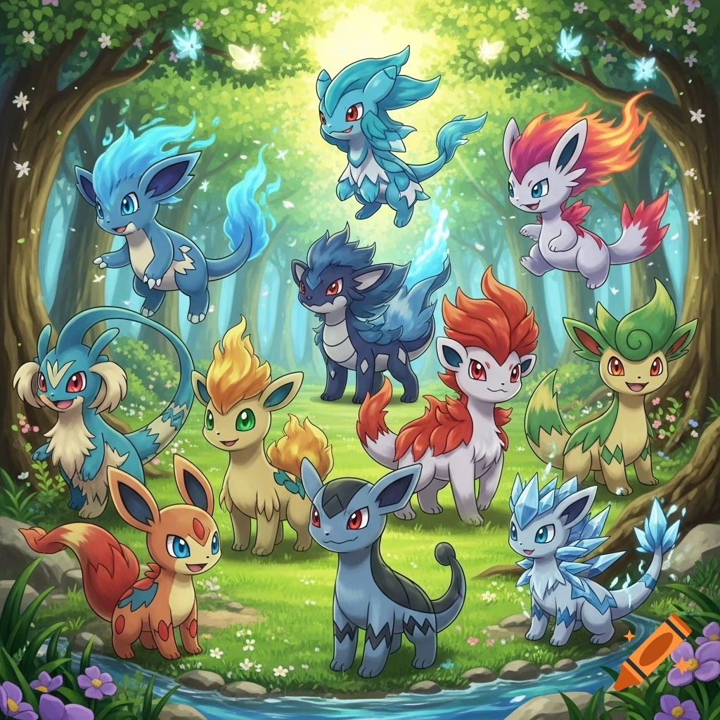A vibrant illustration of many diverse, colorful fantasy creatures resembling Pokemon in a lush, sunlit forest with a stream.