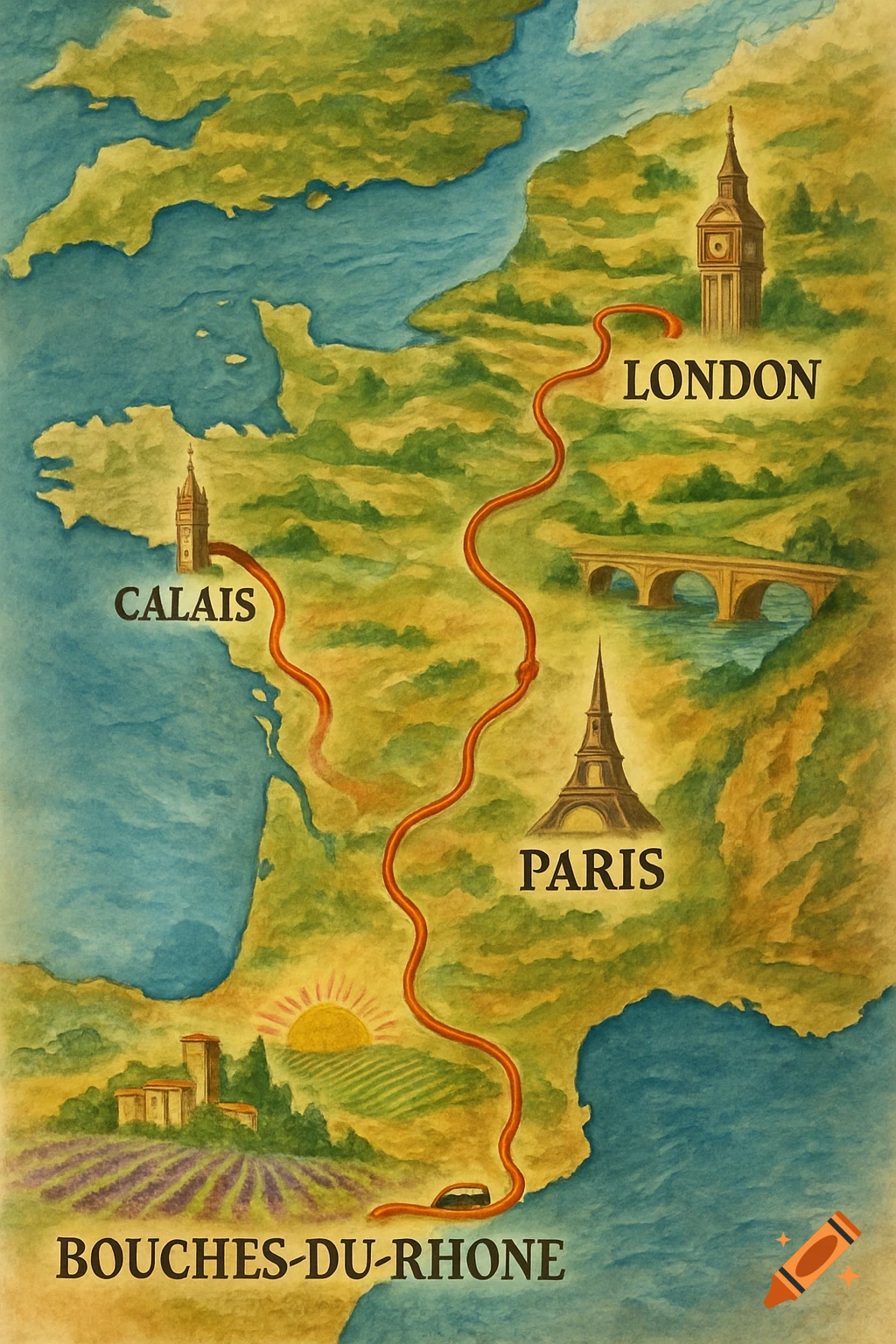 A vintage watercolor map of France and England showing a travel route from Bouches-du-Rhône to London, with landmarks like Eiffel Tower and Big Ben.