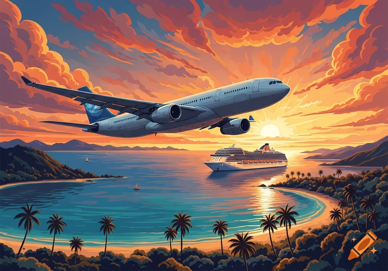 A stylized image of a large airplane flying over a tropical bay with a cruise ship, palm trees, and a vibrant sunset.