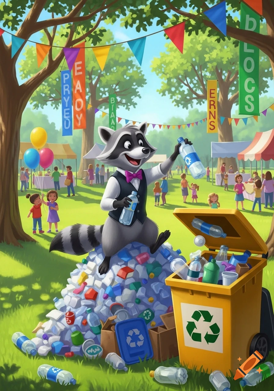 A cartoon raccoon in a vest and bowtie sits on a pile of plastic trash, holding a bottle and putting it into a yellow recycling bin. The scene is a park with people, colorful banners, and balloons, in a sunny, festive atmosphere.