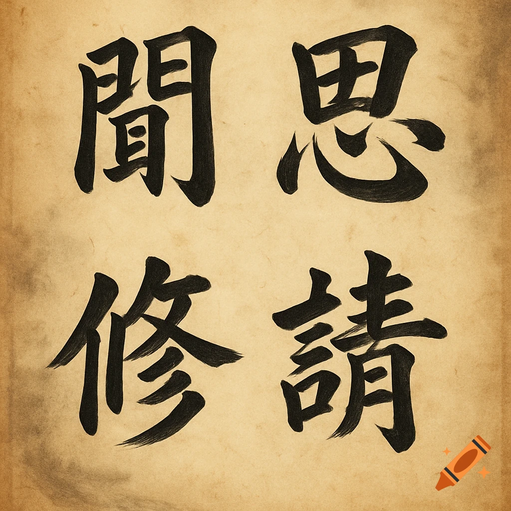 Four black Chinese calligraphy characters (聞, 思, 修, 講) on aged, textured paper.