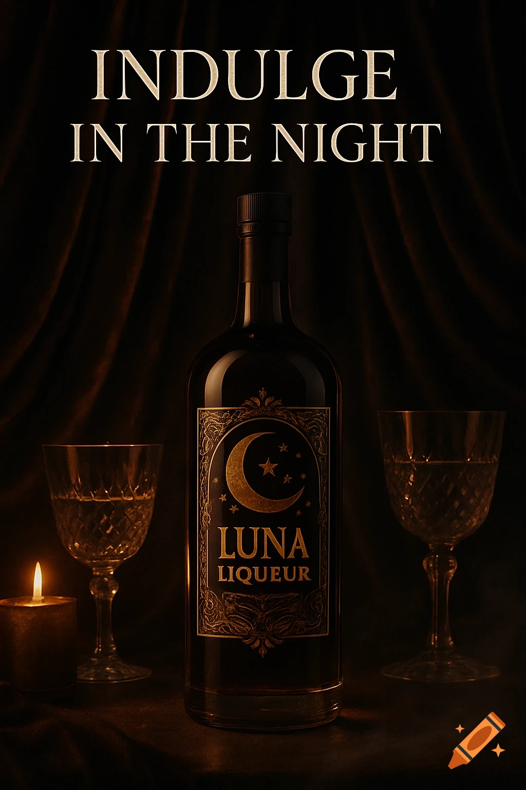 A dark bottle of Luna Liqueur with a golden crescent moon label, flanked by two ornate glasses and a lit candle, against a dark draped background.