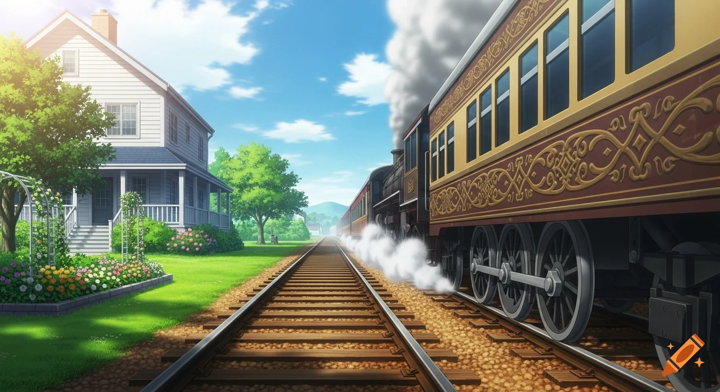 Anime style painting of a vintage passenger train on tracks next to a white house with a garden on a sunny day.