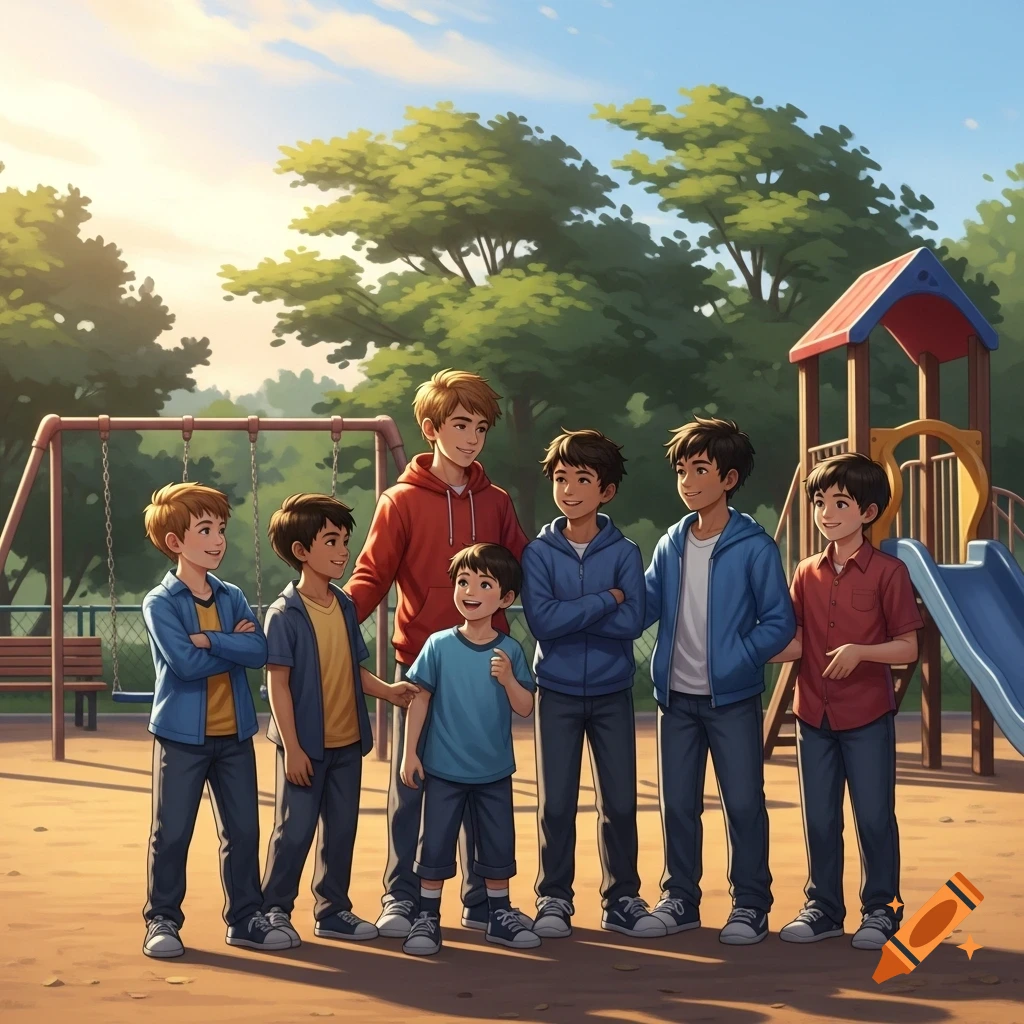 Seven boys in an anime style at a sunny park playground with swings and a slide in the background.
