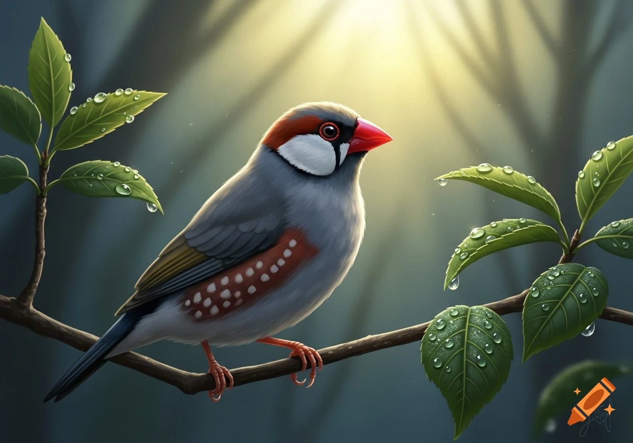 A small bird with a red beak, gray body, and white spots perches on a branch with dew-covered green leaves, bathed in sunlight.