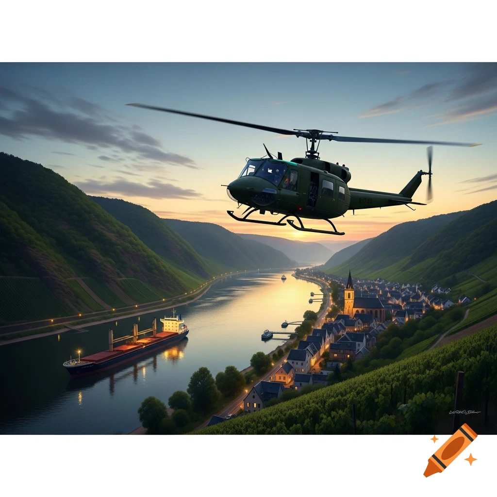 A military helicopter flies low over a river valley with a village, cargo ship, and vineyards at sunset.