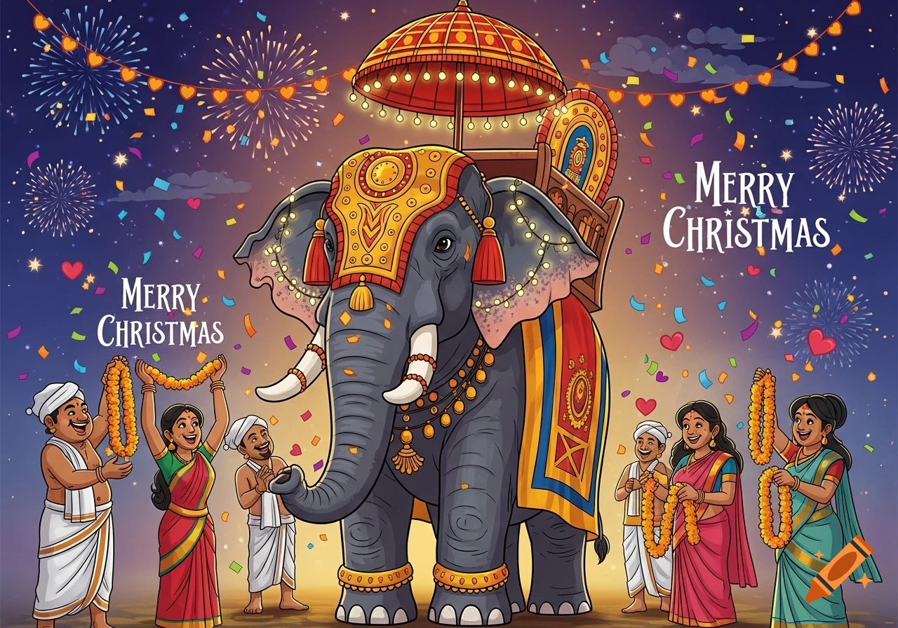 A festive cartoon illustration of a decorated elephant with people holding garlands, confetti, and fireworks under a night sky, with 'Merry Christmas' text.