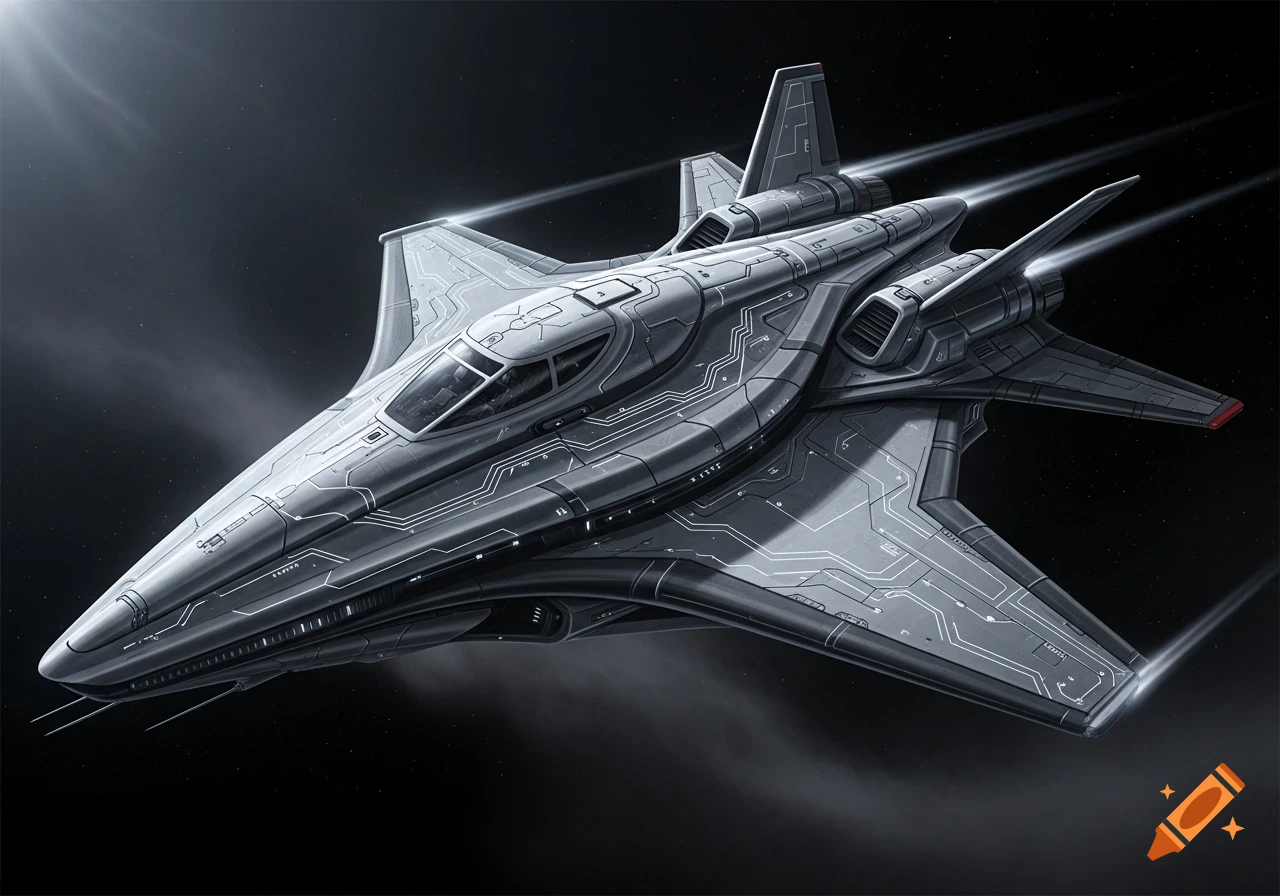 A detailed grayscale futuristic high-tech spaceship with sleek lines and glowing engines, flying in space with stars.