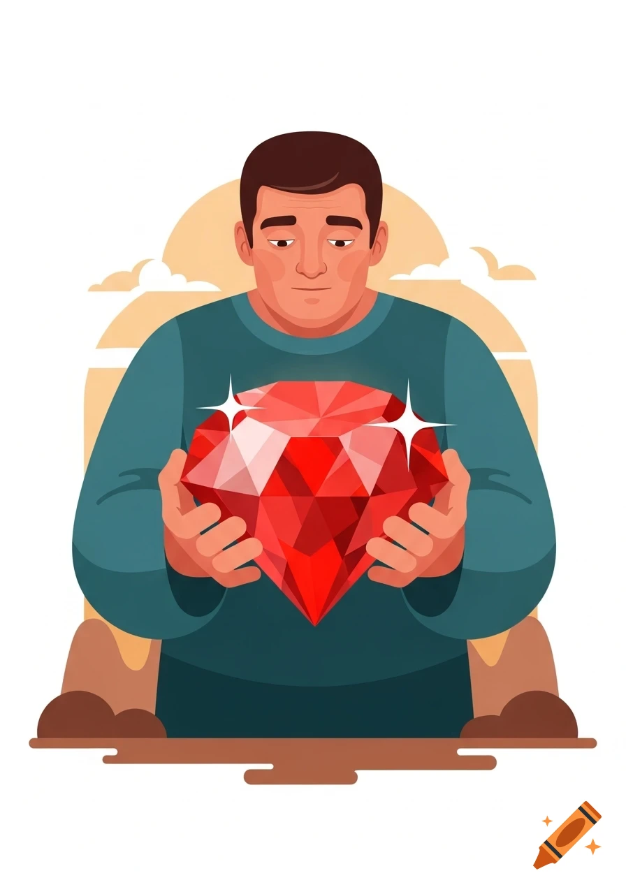 Stylized illustration of a man in a teal shirt holding a large, sparkling red ruby, looking down at it.