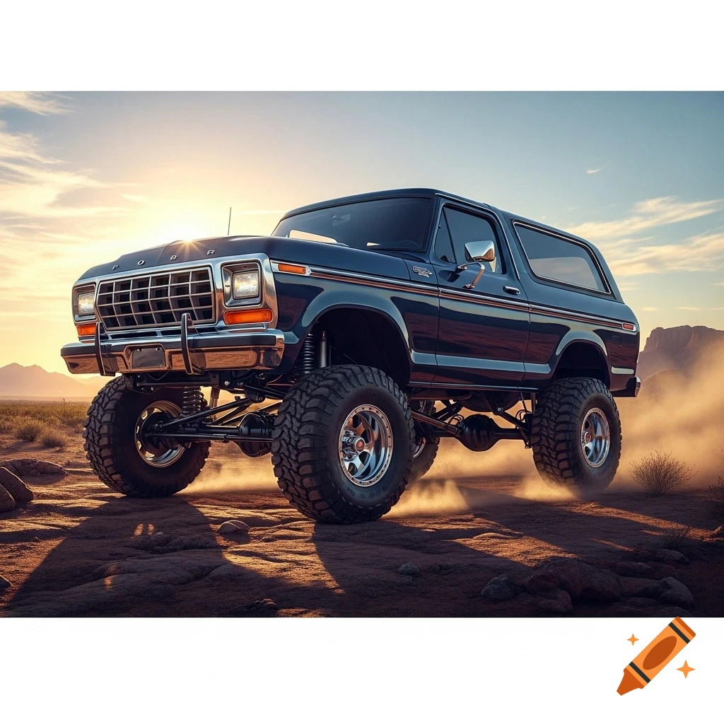 A vintage dark blue lifted Ford Bronco truck kicks up dust on a desert path at sunset, photorealistic.