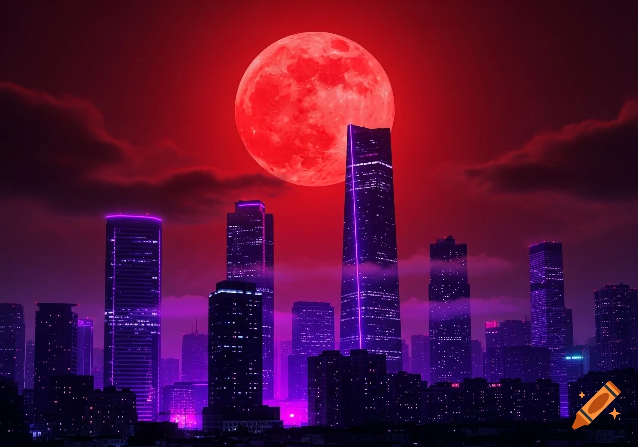 A striking cityscape with towering skyscrapers illuminated by purple neon lights under a dramatic red sky and a large, glowing red moon, in a synthwave style.