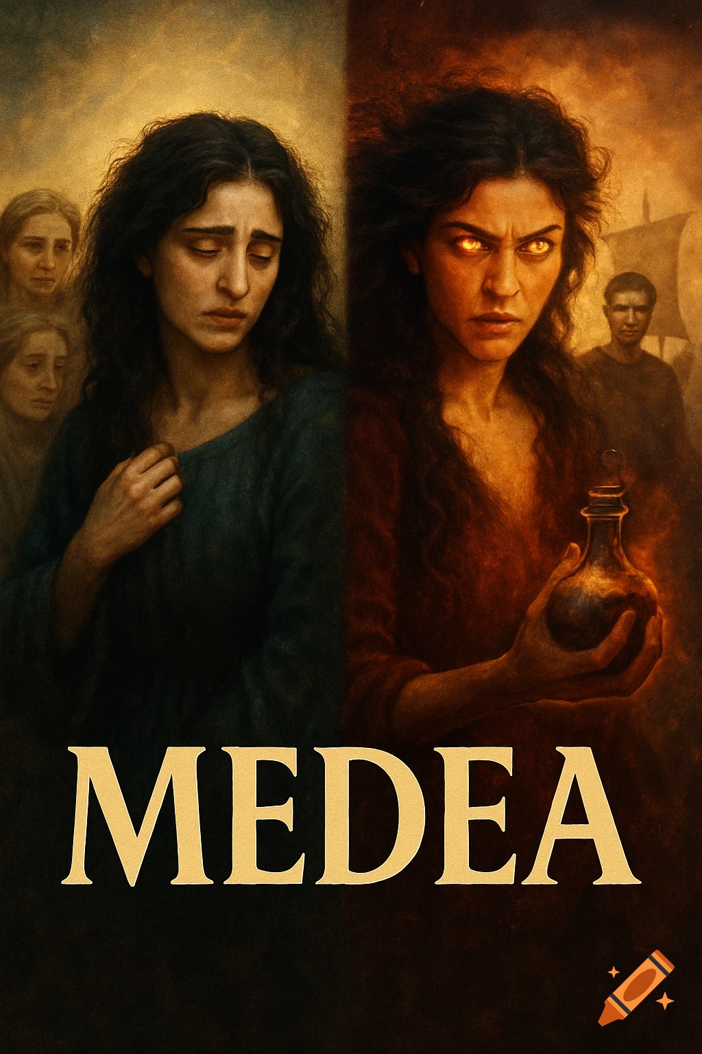 Dramatic movie poster for Medea. A woman shown as sorrowful on one side, vengeful with glowing eyes holding a potion on the other. Text: MEDEA.