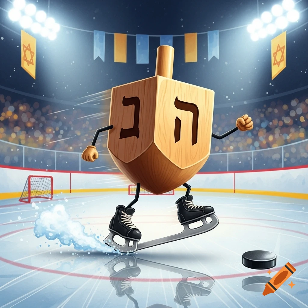 Cartoon dreidel with arms and legs, ice skating in a hockey arena with a puck.