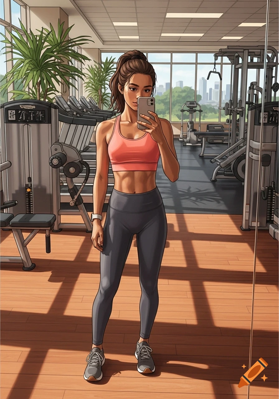 An anime illustration of a young woman in a pink sports bra and gray leggings taking a mirror selfie in a gym.
