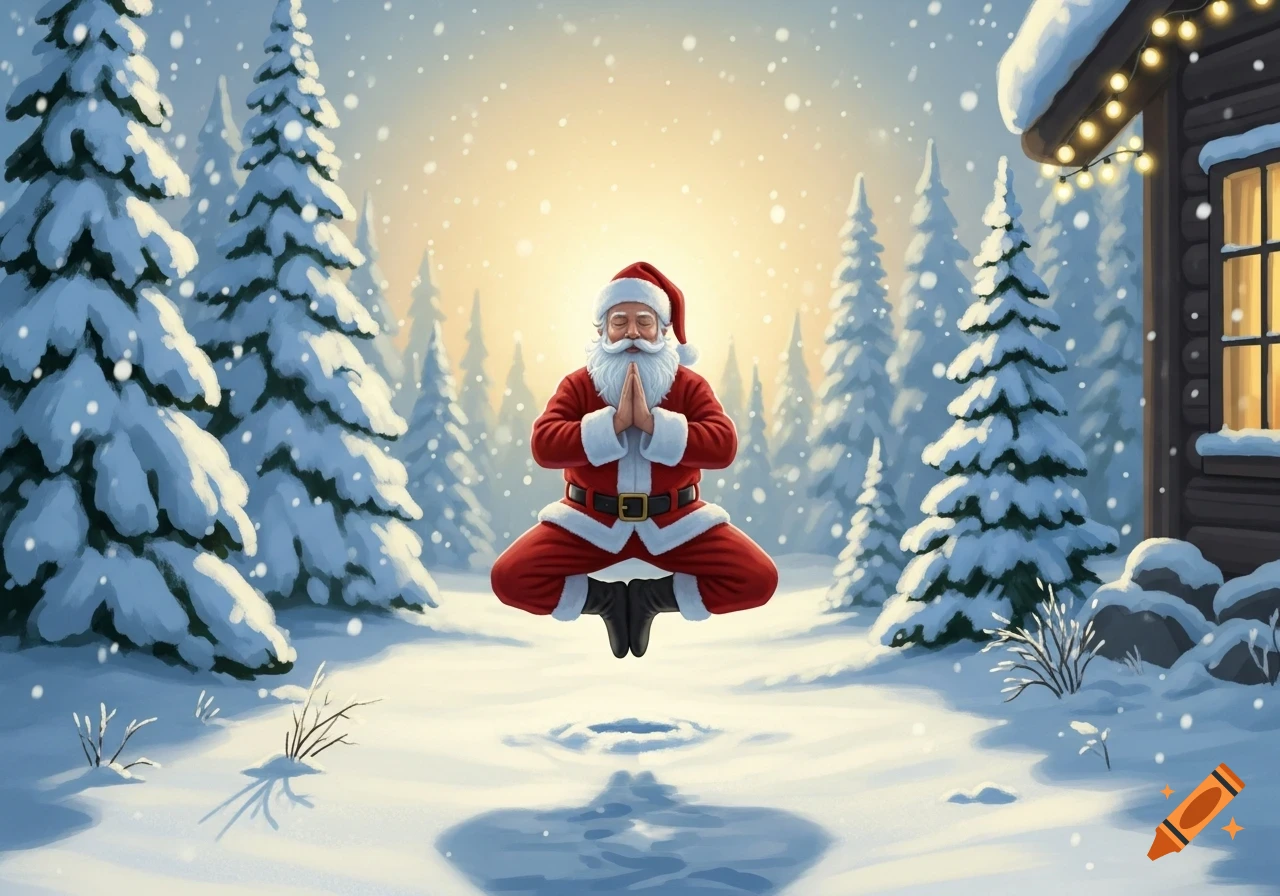 Santa Claus levitates in a yoga pose in a snowy forest, with a cabin and falling snow under a bright sky.