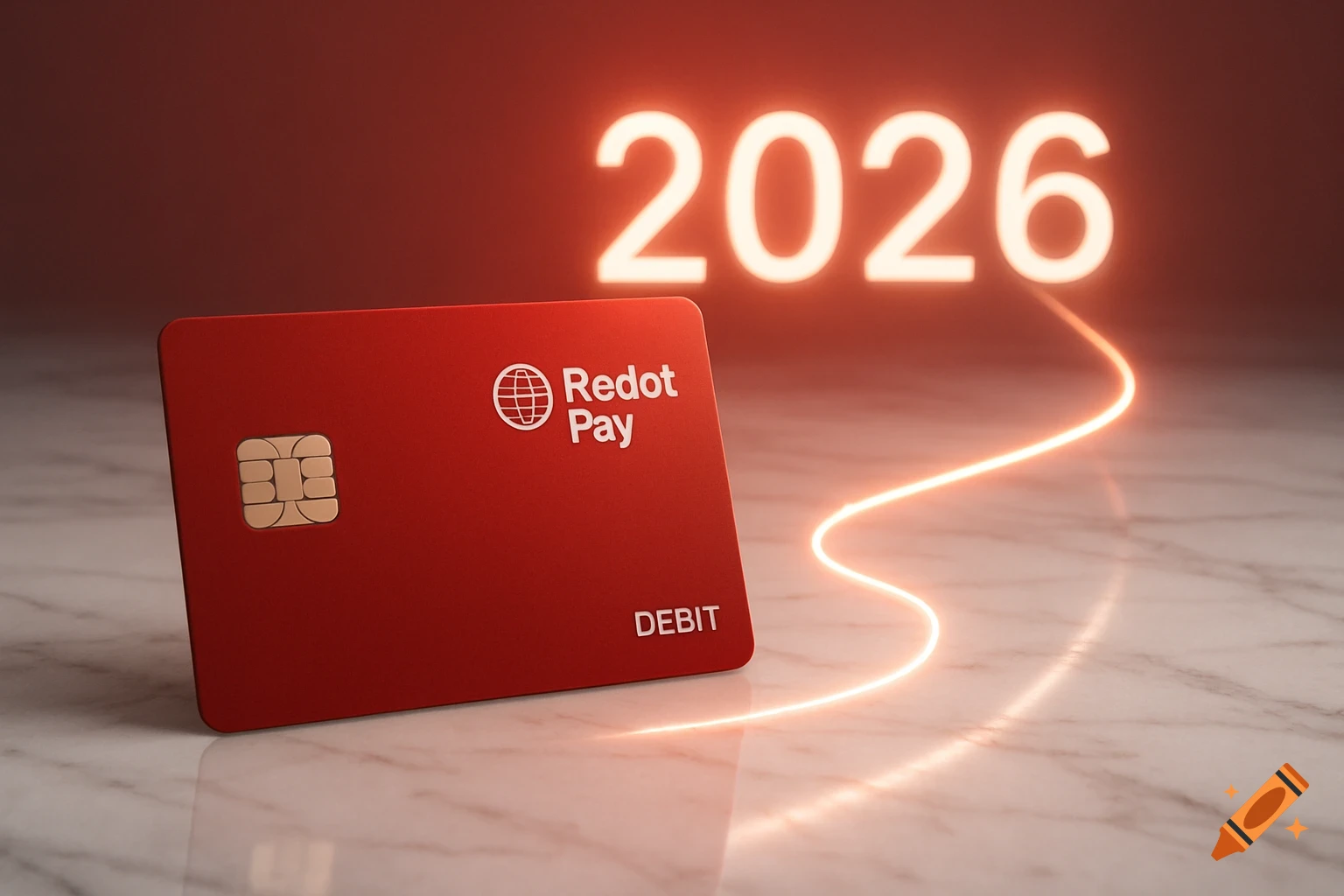 Elegant red 'Redot Pay' debit card with a chip and 'DEBIT' on marble, a glowing path leads to a bright '2026' in the background. Digital art.