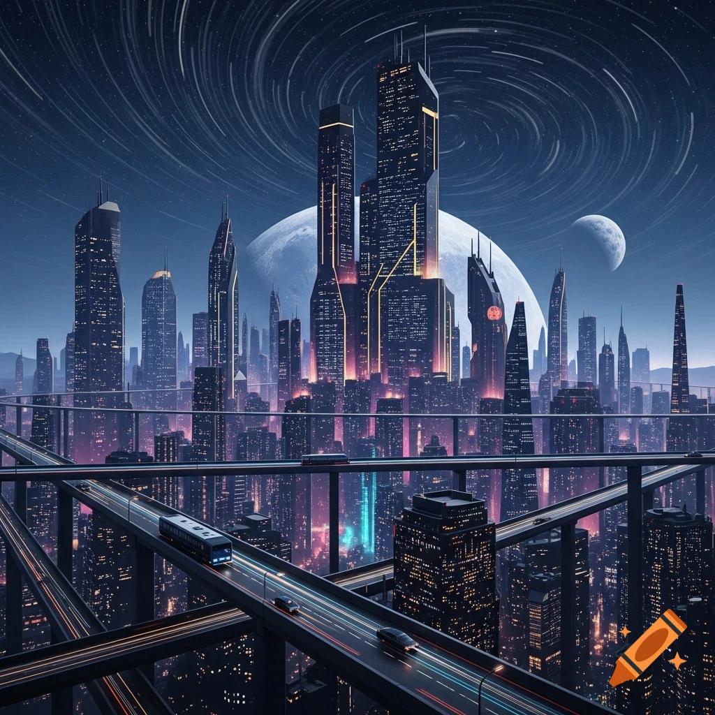 A vibrant futuristic cityscape at night with towering skyscrapers, elevated highways, glowing vehicles, star trails, and a large moon.