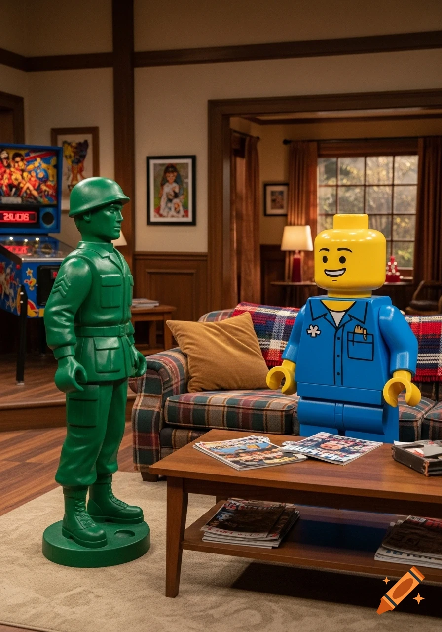 A life-size green army man toy stands opposite a life-size Lego person in a cozy 2000s sitcom-style living room.
