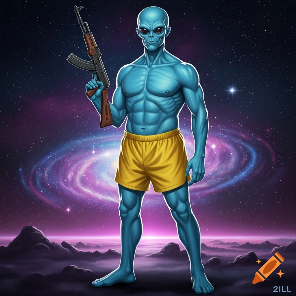 A muscular blue alien in yellow shorts holds a kalashnikov rifle while standing against a vibrant purple and blue galaxy background with swirling nebulae.