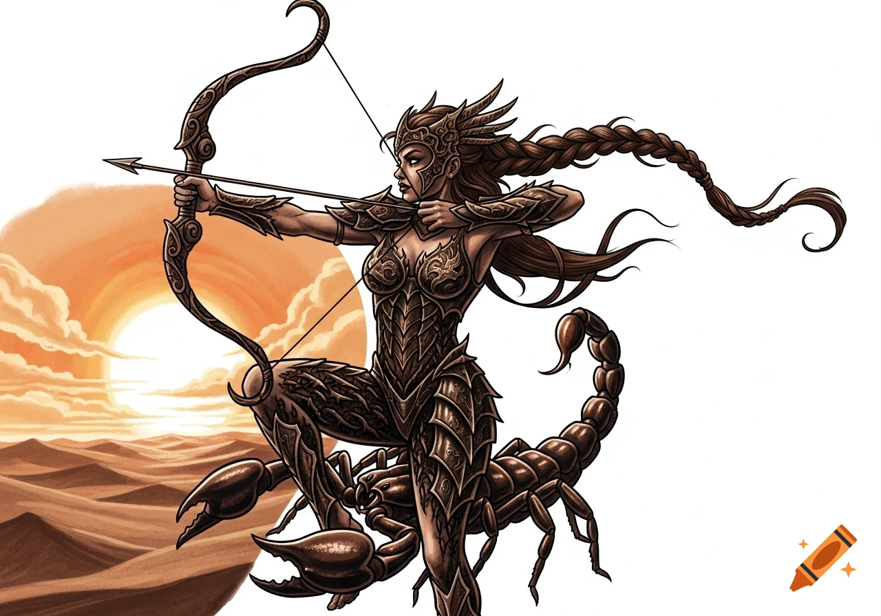 An illustrated female scorpion warrior in dark armor, aiming a bow and arrow, standing in a desert at sunset.