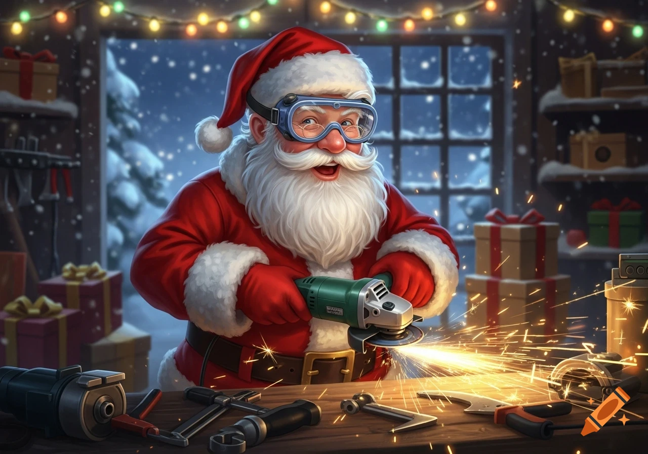 Santa Claus in safety goggles cheerfully uses an angle grinder in a festive workshop, creating bright sparks.