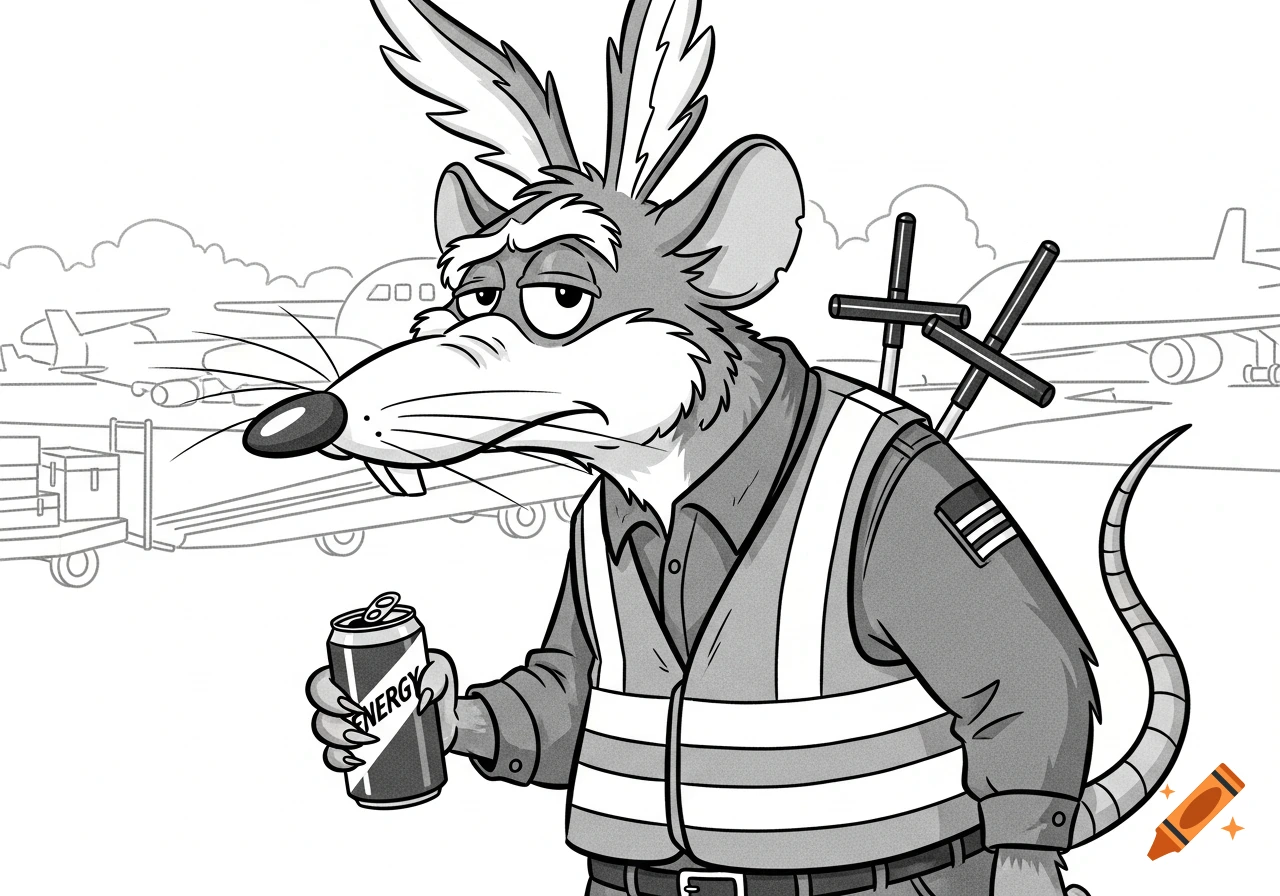 Black and white cartoon of a tired rat airport worker in a safety vest, holding an energy drink can, with airplanes in the background.