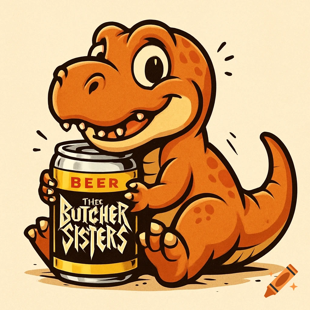 Cute orange cartoon T-Rex hugging an oversized beer can labeled 'The Butcher Sisters Beer'.